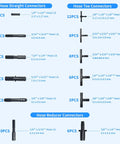 Image showing various nylon connectors from the Six Piece Five Foot Silicone Vacuum Hose Kit With Six Diameters From One Eighth To Three Eighth Inch And One Hundred Thirteen Nylon Connectors For Automotive, Marine, And Industrial Vacuum Line, Turbo, Cooling, And HVAC Tubing, including straight, tee, and reducer connectors with sizes labeled.