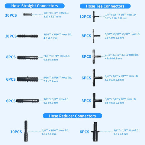 Image showing various nylon connectors from the Six Piece Five Foot Silicone Vacuum Hose Kit With Six Diameters From One Eighth To Three Eighth Inch And One Hundred Thirteen Nylon Connectors For Automotive, Marine, And Industrial Vacuum Line, Turbo, Cooling, And HVAC Tubing, including straight, tee, and reducer connectors with sizes labeled.