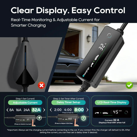 Level Two Ev Portable Charger For Tesla And Nacs Rides Offering Straight Plug Setup With 32 Amp 240V Power Via Nema 14 50 Outlet And 25 Foot Cord Adjustable Ampage with real-time display.