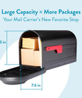 Heavy Duty Metal Post Mounted Mailbox In Black For Outside, showing open interior with packages inside, 9.3x7.6 inches