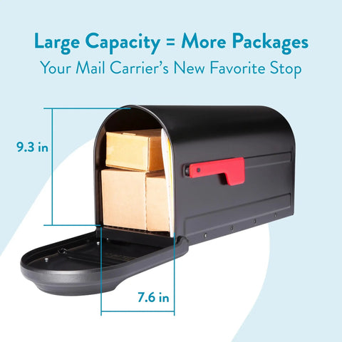 Heavy Duty Metal Post Mounted Mailbox In Black For Outside, showing open interior with packages inside, 9.3x7.6 inches