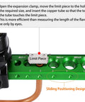Side view of a green metal HVAC flaring tool base with a mounted limit piece and copper tube inserted.