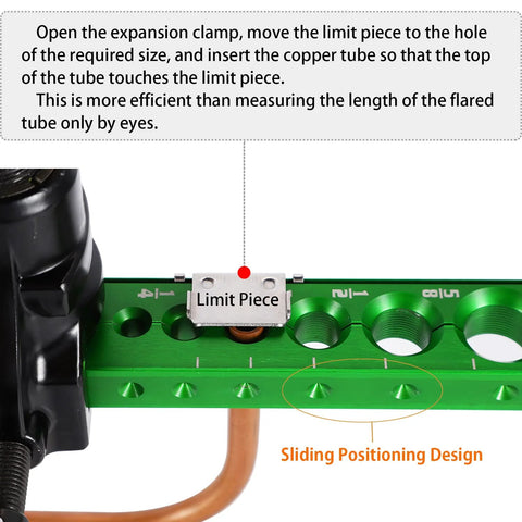 Side view of a green metal HVAC flaring tool base with a mounted limit piece and copper tube inserted.