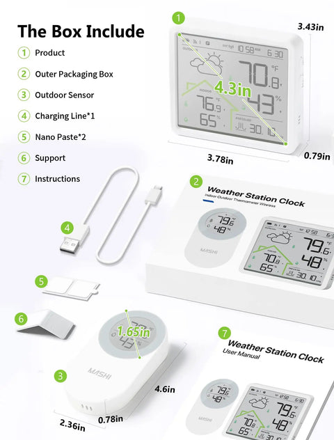 Package contents of Rechargeable Weather Station With Wireless Indoor Outdoor Thermometer And Atomic Clock With WWVB, 4.3 Inch Backlit Display