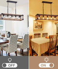 Rustic Farmhouse Wood Chandelier With Five Lights Rectangle Hanging Light Fixture shown in dining room settings