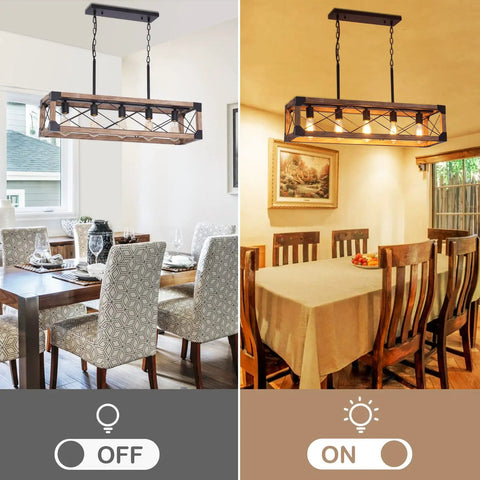 Rustic Farmhouse Wood Chandelier With Five Lights Rectangle Hanging Light Fixture shown in dining room settings