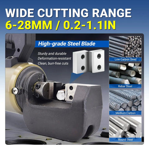Heavy Duty 1800W Portable Electric Rebar Cutter For Steel Bars Up To 28mm, showcasing high-grade steel blade and cutting range.