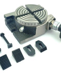 Heavy Duty 4 Inch Cast Iron Rotary Table Built For Milling Machines with M6 clamps, featuring 100 mm dial and mounting screws.