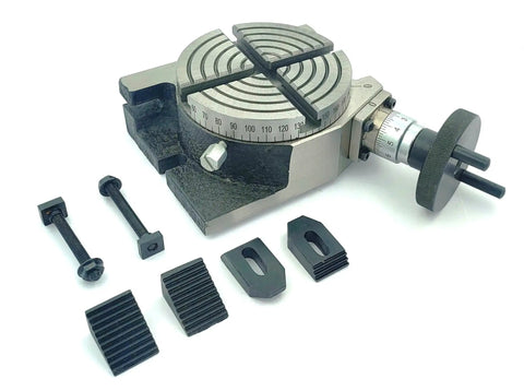Heavy Duty 4 Inch Cast Iron Rotary Table Built For Milling Machines with M6 clamps, featuring 100 mm dial and mounting screws.