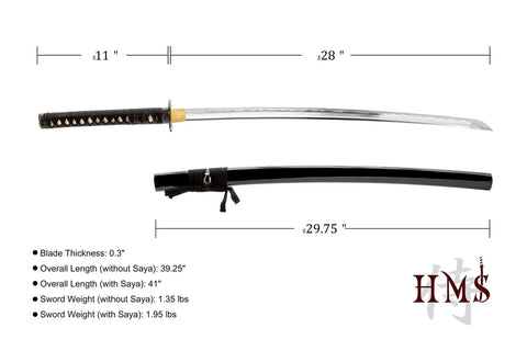 Lightweight Aluminum Alloy Katana Iaito For Iaido Training With Unsharpened Blade 28 Inch Blade side view with scabbard