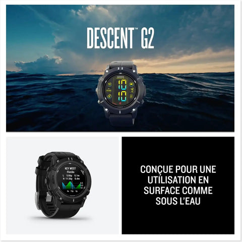 Descent G2 Watch Style Dive Computer with Bright AMOLED Display, Sapphire Lens, 10 ATM Rating, Black Band, Ocean Background