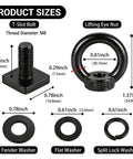 Heavy Duty Black M8 T Track Tie Down Anchors components showing dimensions of T-slot bolt, lifting eye nut, and washers.