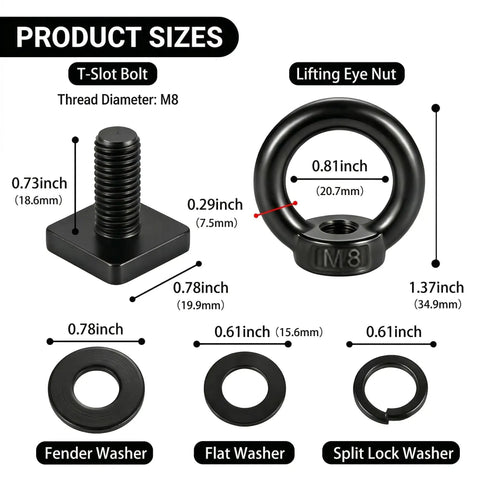 Heavy Duty Black M8 T Track Tie Down Anchors components showing dimensions of T-slot bolt, lifting eye nut, and washers.
