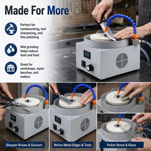 Kickass Heavy Duty Electric Wet And Dry Bench Sander With Three Diamond Discs Providing Rock Solid 0 To 2800 Rpm adjustable speed control for sharpening and polishing.