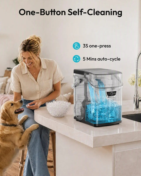 Grab And Go Countertop Nugget Ice Maker Churning Crisp Sonic Pellet Chips Up To Forty Pounds Daily, Four Minute Rapid Freeze with self-cleaning feature.