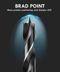 Brad Point wood drill bit close-up, double-flute design, silver finish