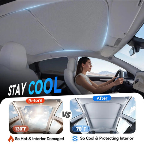 Slick Tight Custom Fit Sunshade For Tesla Model Y Juniper 2025 2026 installed, showcasing grey canopy reducing heat.