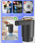 Portable Electric Water Jug Dispenser With USB C Charging Dual Motors For 2 To 5 Gallon Jugs Fast Flow Easy Fill Ideal For Home Office Camping And RV Use Dark Black, close-up view of black dispenser on jug.