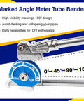 Heavy Duty 1/2 Inch Manual Tubing Bender With Smooth Roll Action showing marked angle meter for 180 degrees bending.