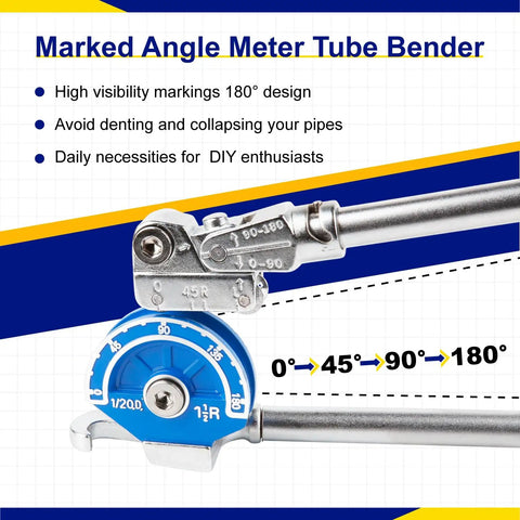 Heavy Duty 1/2 Inch Manual Tubing Bender With Smooth Roll Action showing marked angle meter for 180 degrees bending.