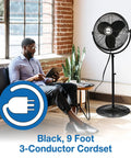 9420 20 Inch Industrial Grade Pedestal Fan for heavy duty air circulation in workshops and garages, shown with black 9-foot cord