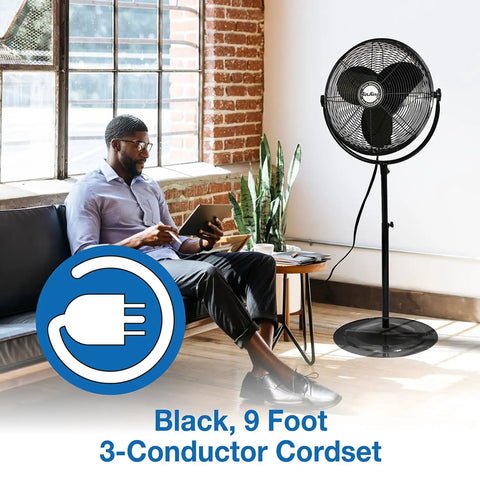 9420 20 Inch Industrial Grade Pedestal Fan for heavy duty air circulation in workshops and garages, shown with black 9-foot cord