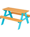 Wooden Outdoor Kids Picnic Table And Bench Set In Brown And Aqua, Durable Backyard Furniture for snacks, crafts, and playtime.