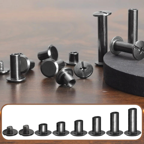 Premium 110 Set Chicago Screws And Leather Rivets Assorted Binding Fasteners For DIY Leather Craft Belts Bags And Shoe Repair Dang Tough Boss Quality Carbon Steel hardware pieces on a wooden surface.