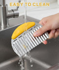 Stainless steel crinkle cutter with ribbed waffle blade; yellow pepper held on blade under running water.
