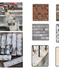 TUHUT wet diamond core drill bits collage: construction site with concrete cores and brick, stone, pebble textures.