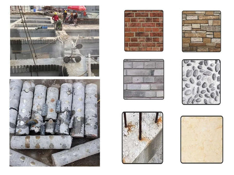 TUHUT wet diamond core drill bits collage: construction site with concrete cores and brick, stone, pebble textures.