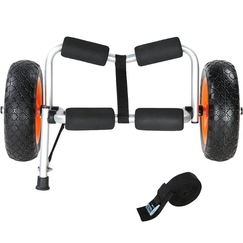Foldable Aluminum Kayak Cart With 250 Lb Load Capacity And 10 Inch Solid Wheel Dolly for transporting kayaks and canoes.