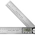 Kickass Digital Angle Finder And Protractor 7 Inch Stainless Steel Measuring Ruler With Bright LCD Display showing 45 degrees.