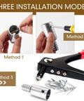 6 Piece Threaded Tip Replacement Kit For Extension Poles And Metal Brooms, DIY Friendly, Includes Nuts, Short And Long Screws, Blind Rivets, And 1 Inch Broom Handle Adapter Tips. Three installation methods shown
