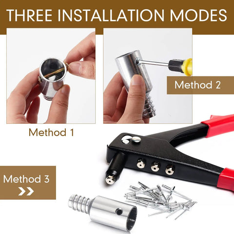 6 Piece Threaded Tip Replacement Kit For Extension Poles And Metal Brooms, DIY Friendly, Includes Nuts, Short And Long Screws, Blind Rivets, And 1 Inch Broom Handle Adapter Tips. Three installation methods shown