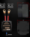 Heavy Duty 12V 140A Voltage Sensitive Relay Vsr Dual Battery Isolator on a black background with measurements and battery connections.