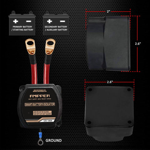Heavy Duty 12V 140A Voltage Sensitive Relay Vsr Dual Battery Isolator on a black background with measurements and battery connections.