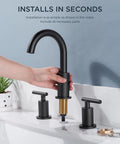 Installation of Matte Black 8 Inch Widespread Bathroom Faucet With 3 Holes 2 Handles, 360 Degree Rotating Spout, Drip Free Copper Ceramic Cartridge, Durable Finish, Includes Metal Pop Up Drain And CUPC Supply Lines For 6 To 12 Inch Sinks.