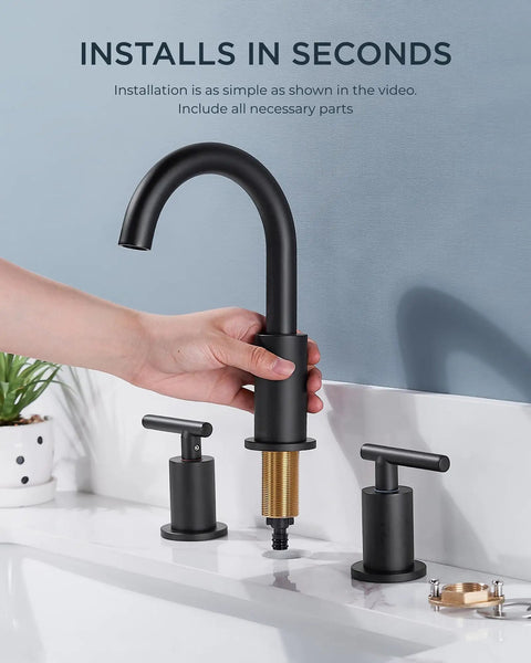 Installation of Matte Black 8 Inch Widespread Bathroom Faucet With 3 Holes 2 Handles, 360 Degree Rotating Spout, Drip Free Copper Ceramic Cartridge, Durable Finish, Includes Metal Pop Up Drain And CUPC Supply Lines For 6 To 12 Inch Sinks.