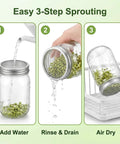 6 Pack Killer Sprouting Lids 304 Stainless Steel Fine Mesh Strainer Fits Wide Mouth Mason Jars showing steps to sprout seeds.