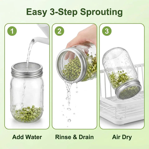 6 Pack Killer Sprouting Lids 304 Stainless Steel Fine Mesh Strainer Fits Wide Mouth Mason Jars showing steps to sprout seeds.