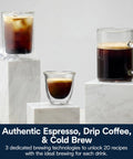 Straight Up Premium Automatic Espresso Machine With Integrated Milk Frother Twenty Preset Hot Cold Recipes iced coffee, espresso, and drip coffee in glass mugs