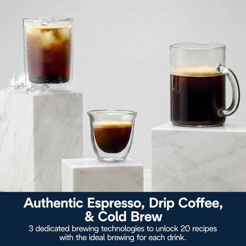 Straight Up Premium Automatic Espresso Machine With Integrated Milk Frother Twenty Preset Hot Cold Recipes iced coffee, espresso, and drip coffee in glass mugs