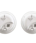 Two-pack of hardwired smoke and carbon monoxide alarms with battery backup, clear status lights, and test silence button.