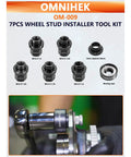 Beefed-Up Seven-Piece Wheel Stud Installer Tool Set For Cars And Light Trucks, displays various sizes and components in detail.