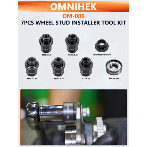 Beefed-Up Seven-Piece Wheel Stud Installer Tool Set For Cars And Light Trucks, displays various sizes and components in detail.