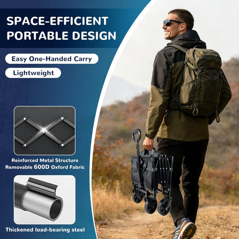 Man carrying Grab And Go Heavy Duty Collapsible Folding Wagon with 65L Capacity and 330 lb load in outdoor setting