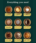 Grid of nine coffee cups showcasing various coffee types including espresso, cappuccino, vanilla latte, and more.