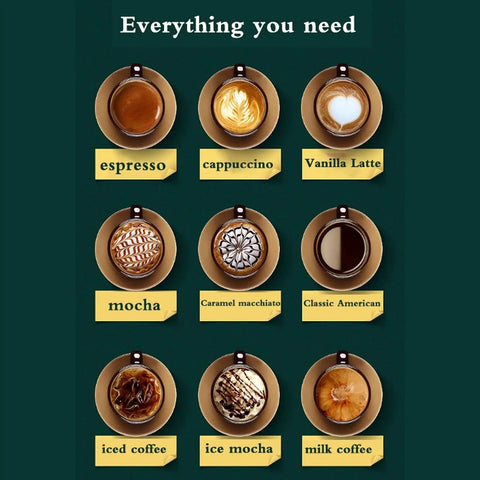 Serious Upgrade For Your Daily Grind With This 2 In 1 Coffee Maker And Espresso Machine with various coffee types shown.