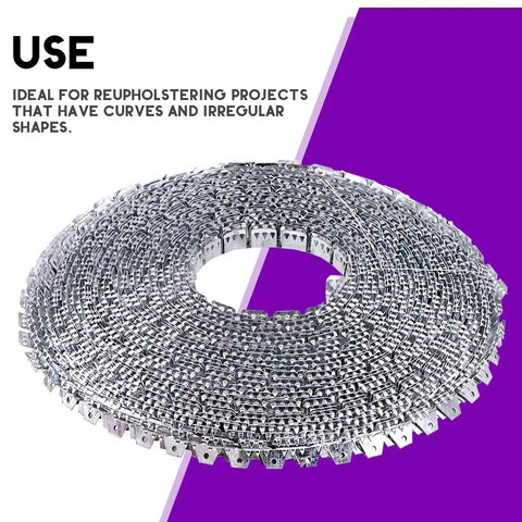 Flexible Upholstery Tack Strips 65 Feet Long Galvanized Metal Three Tooth Edge Grip for curved upholstery projects.